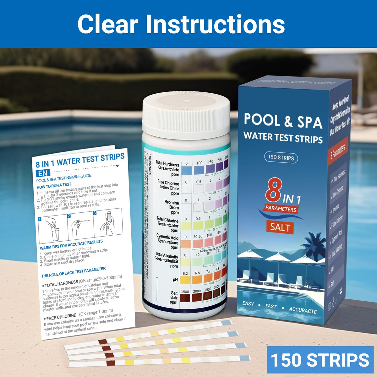 8-Way Pool Test Strips -150 CT Pool Salt Test Strips for Hot tub and Spa