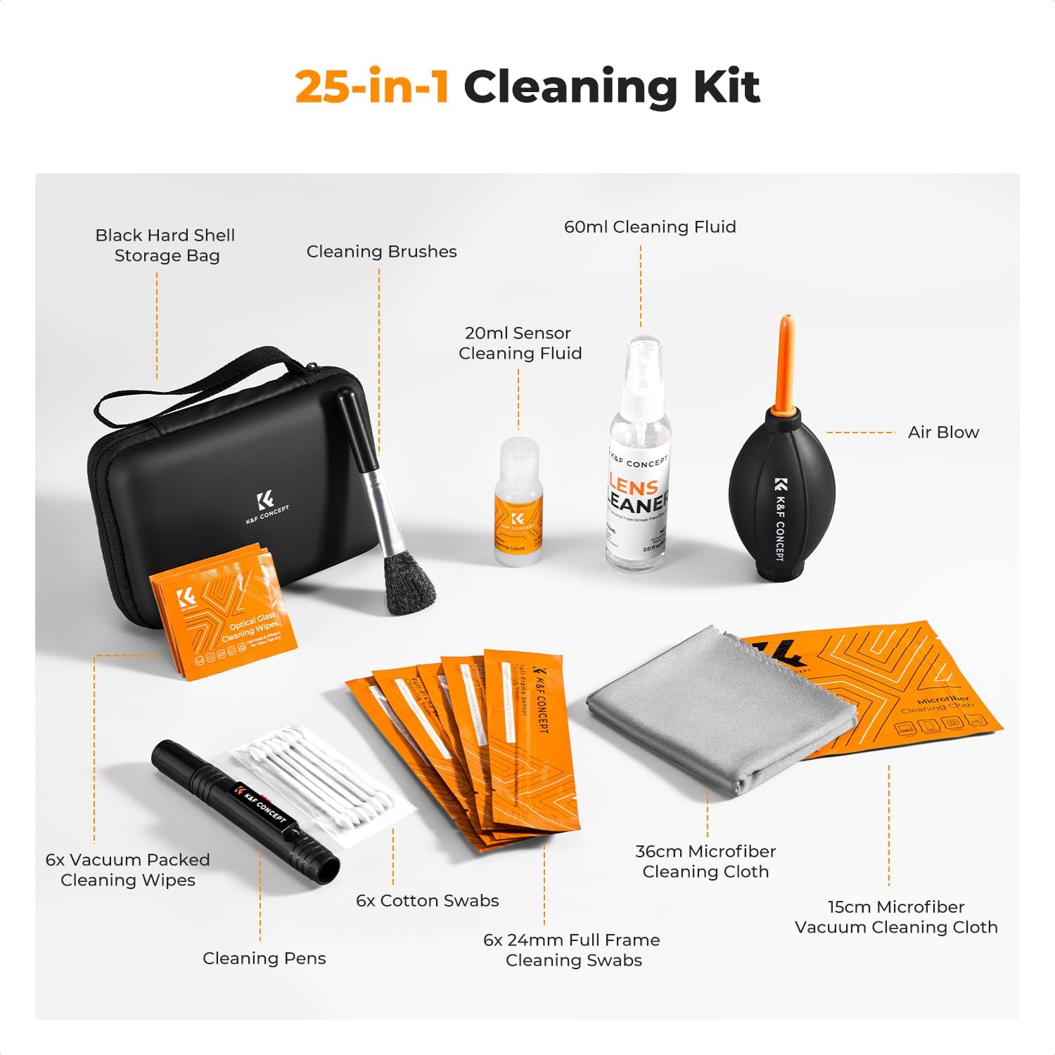25 in 1 Camera Cleaning Kit, Full Frame Lens and Sensor Cleaner | 24mm Vac-Sealed Swabs,Lens Pen,60 and 20ML Lens
