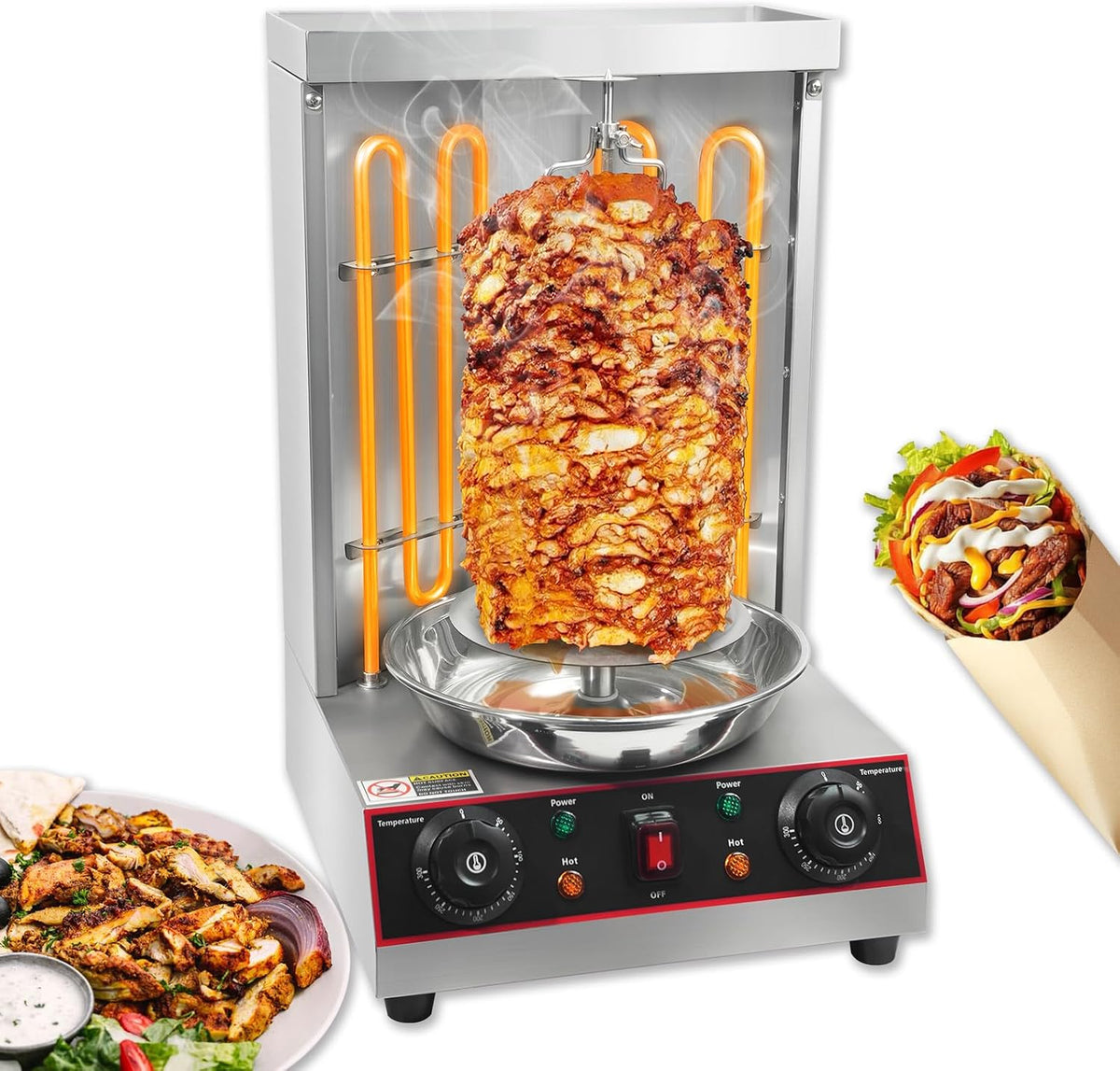 Electric Shawarma Grill Machine Vertical Rotisserie Broiler Gyro with 2 Heating Tubes,Countertop Rotating Grill Doner