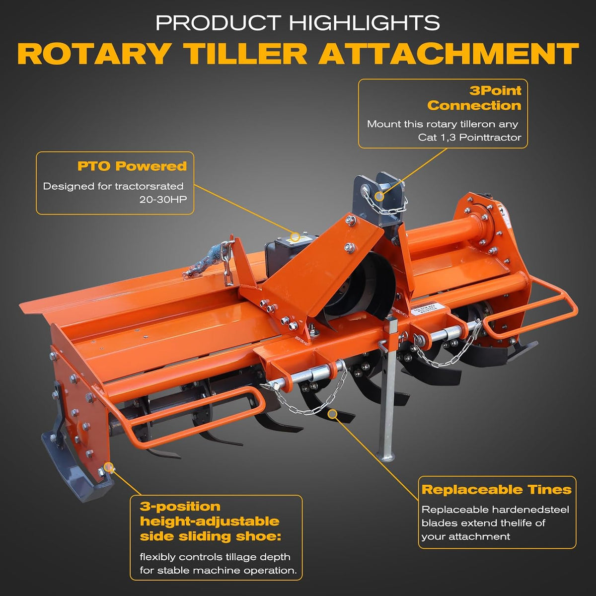 49" Rotary Tiller Attachment for Cat 1 Tractors | 3-Point Hitch, 540RPM Driven Cultivator with Replaceable L-Shaped