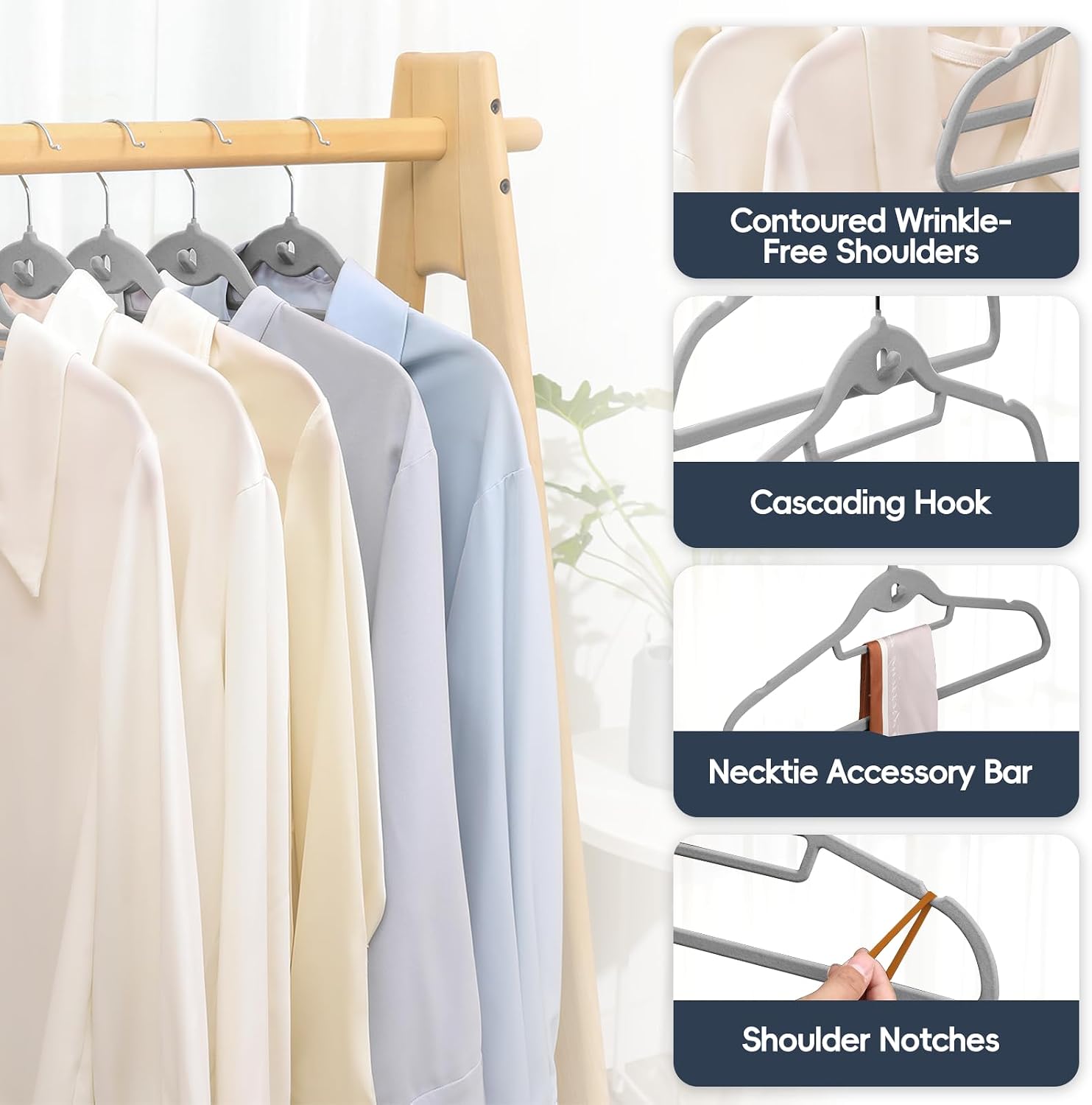 Velvet Stackable Hangers 50 Pack Space Saving Cascading Hook Gray | Ultra Thin, Non Slip Felt, Heavy Duty With 360°