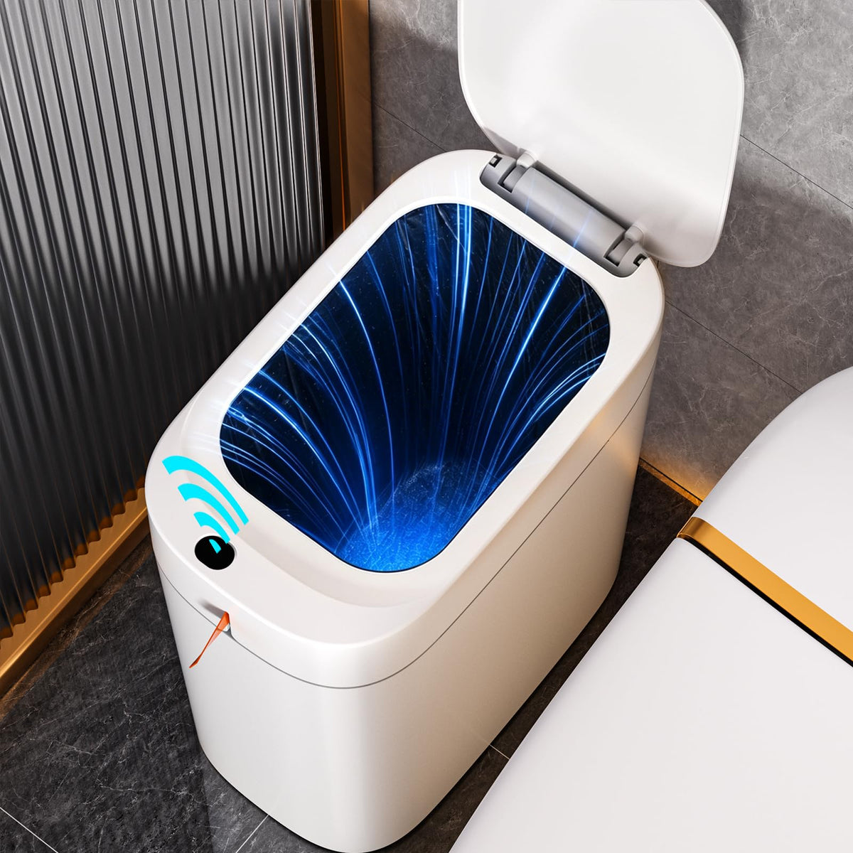 Bathroom Trash Can, Automatic Bagging Garbage Can, 3.5 Gallon Slim Smart Small Plastic Trash Bin, Narrow Motion