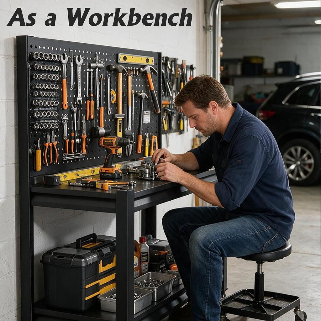 Garage Workbench with Pegboard, Tool Storage Rolling Work Table on Wheels | Portable workbench with lockable wheel
