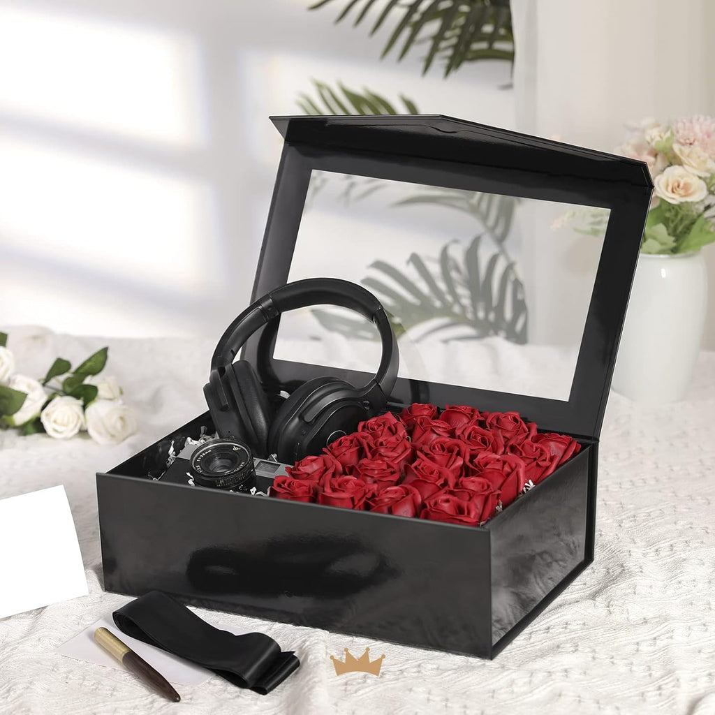 Large Black Magnetic Gift Box with Window, Ribbon 13.5x9x4.1 In
