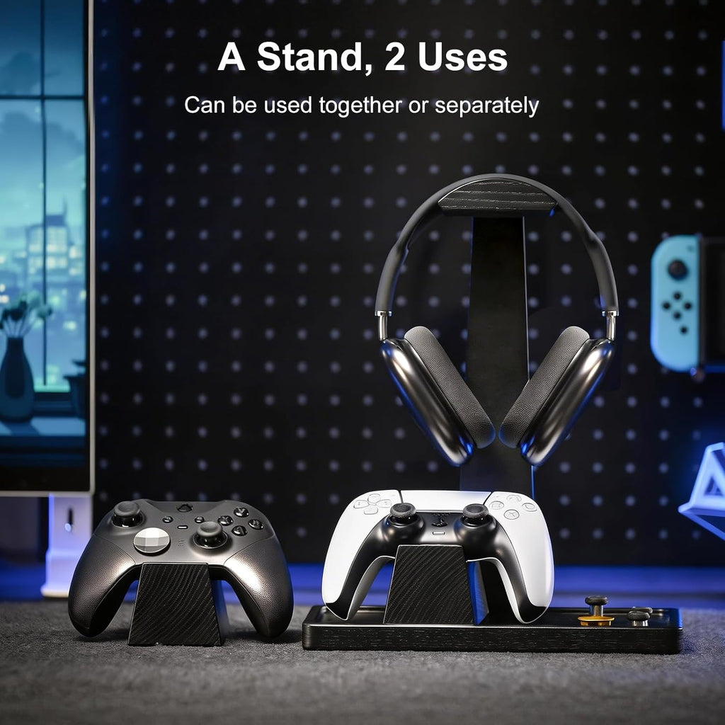 Headphone and Headset Stand with Controller Holders Gamer Gifts | Solid Wood, Holds 2 Controllers, Storage Tray for