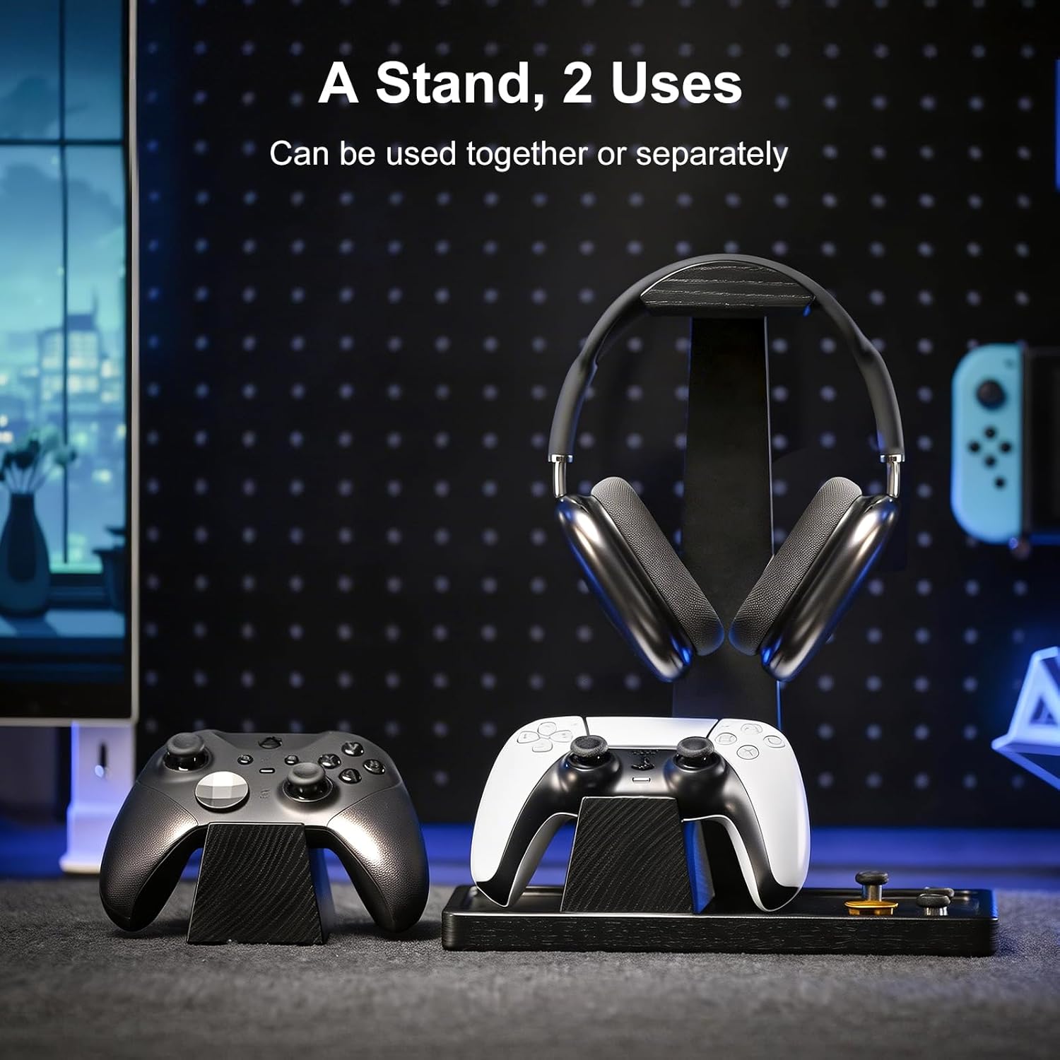 Headphone and Headset Stand with Controller Holders Gamer Gifts | Solid Wood, Holds 2 Controllers, Storage Tray for