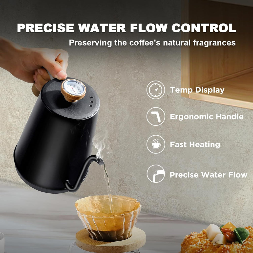 Electric Gooseneck Kettle with Thermometer, 1.0L Pour Over Hot Water Kettle for Coffee and Tea, 1000W, Auto Shutoff