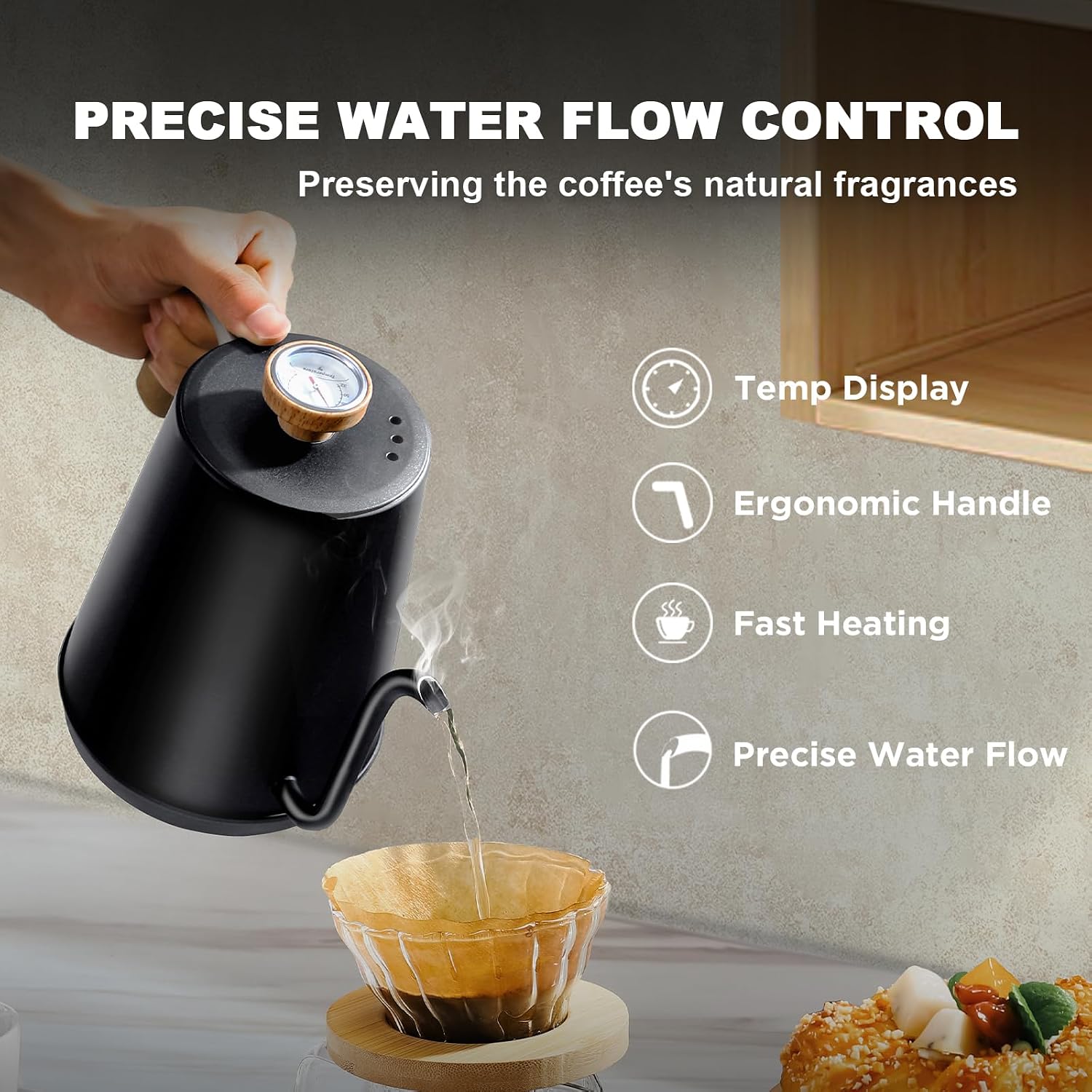 Electric Gooseneck Kettle with Thermometer, 1.0L Pour Over Hot Water Kettle for Coffee and Tea, 1000W, Auto Shutoff