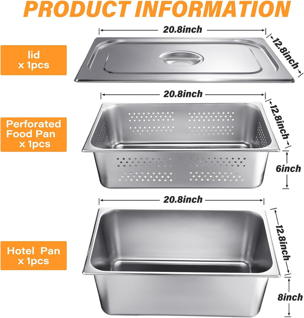 3 Pack Full Size Hotel Pan with Lid, 6 Inch, 8 Inch