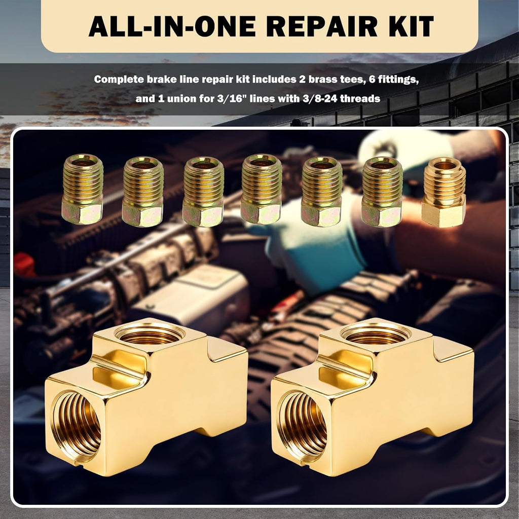 9PCS 3/16 Brake Line Union Kit,Brass 3/16 Brake Line Tee