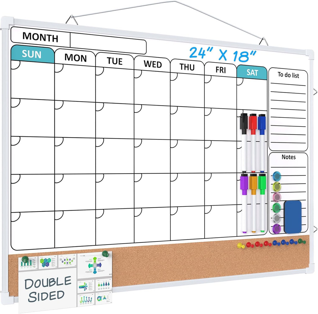 Monthly Calendar Whiteboard for Wall, 24" x 18" Double-Sided White Board Calendar with Bulletin Board, Dry Erase Cork