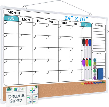 Monthly Calendar Whiteboard for Wall, 24" x 18" Double-Sided White Board Calendar with Bulletin Board, Dry Erase Cork