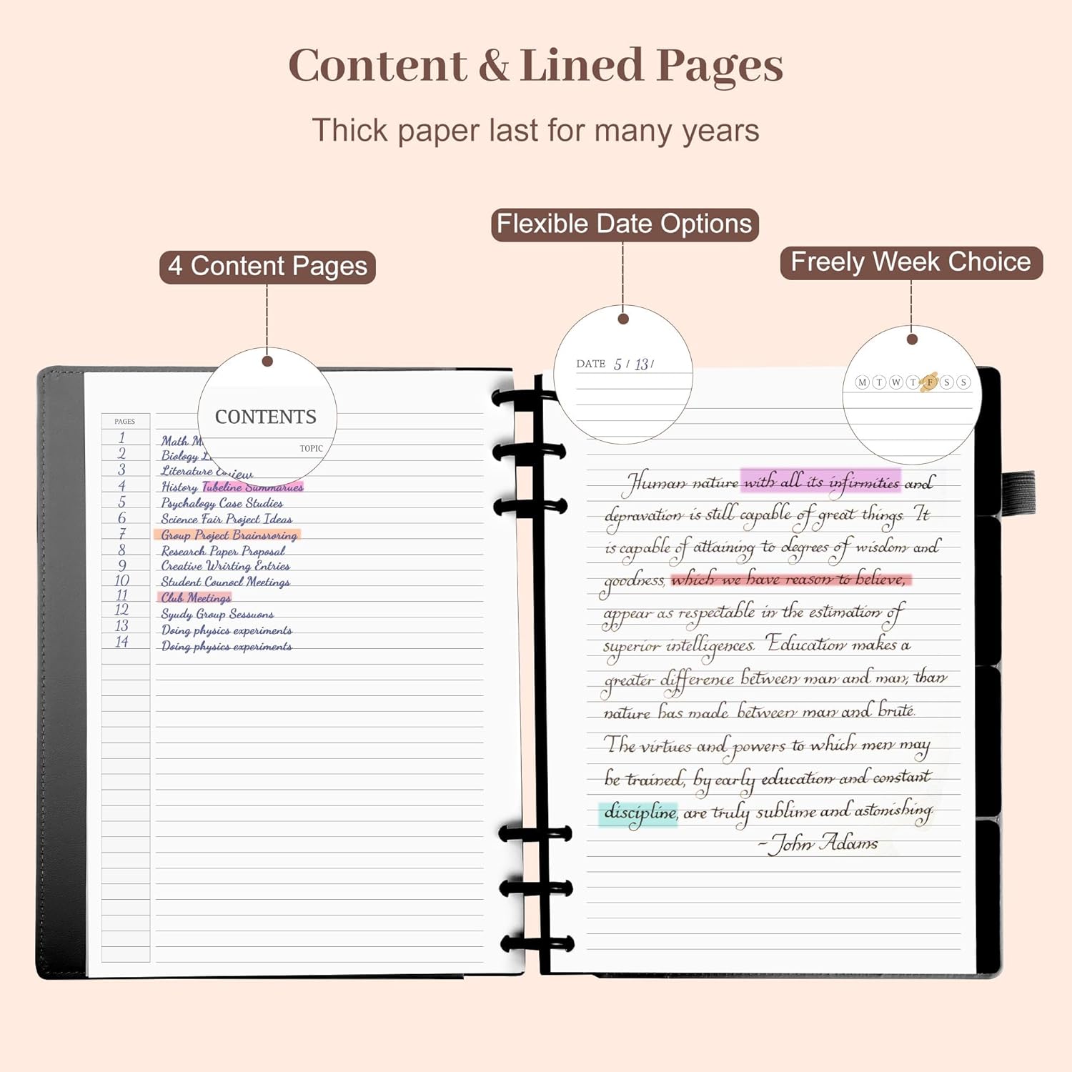 Refillable Notebooks for Work 5 Subject with Removable Dividers Tabs 240 Pages Hardcover Leather Journals for Writing