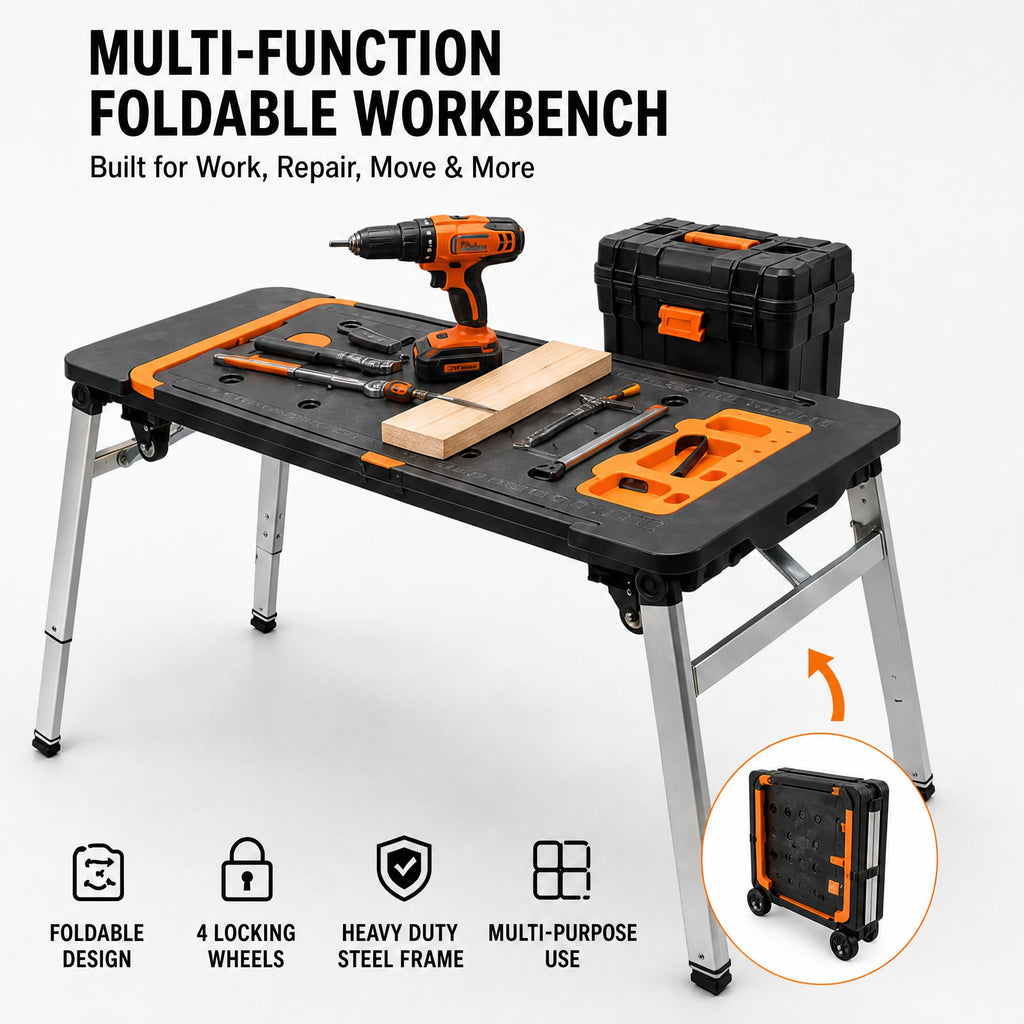 Folding Workbench 7 in 1 Portable Work Table with Wheels Height Adjustable