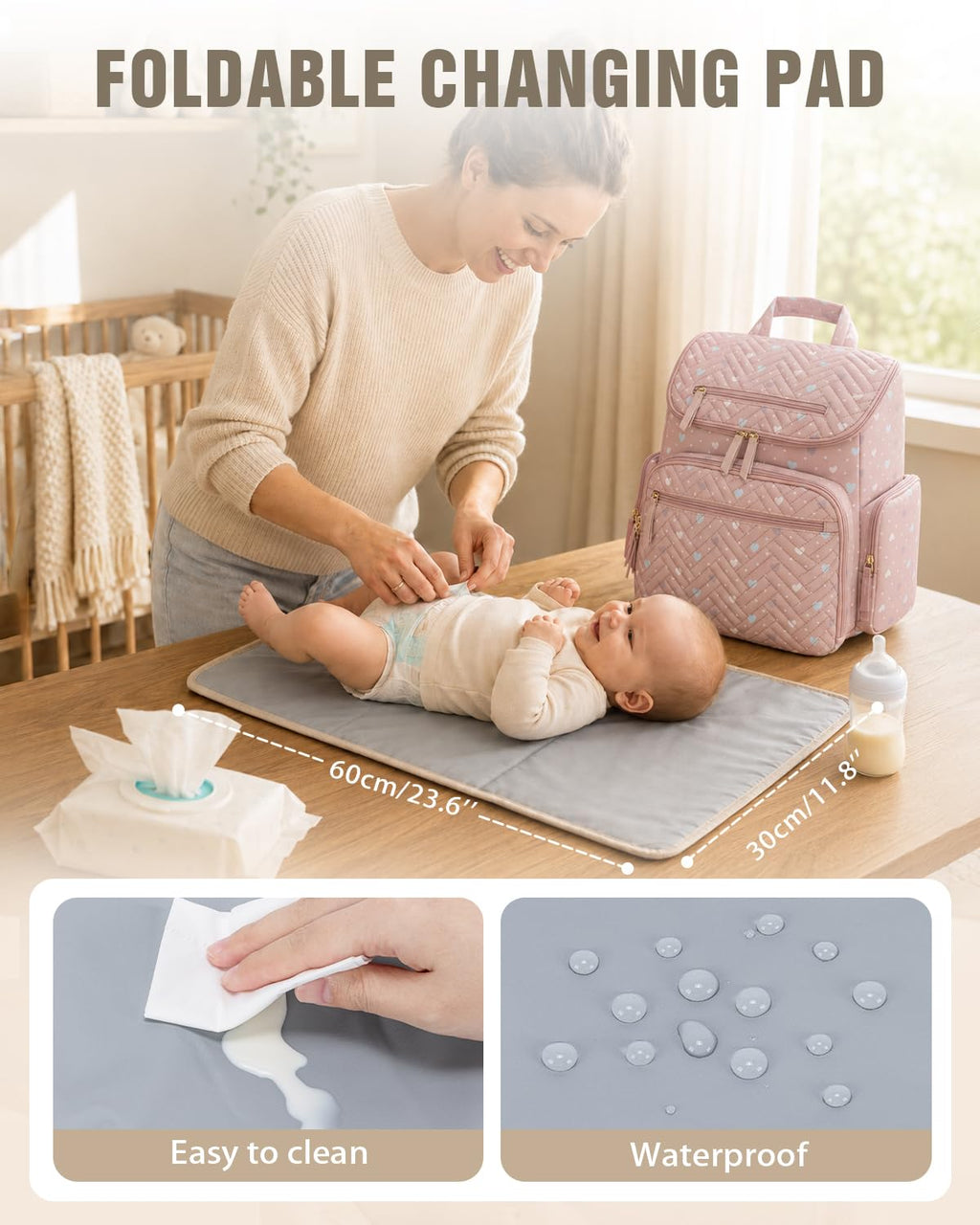 Diaper Bag Backpack with Changing Pad and Insulated Pockets, Heart