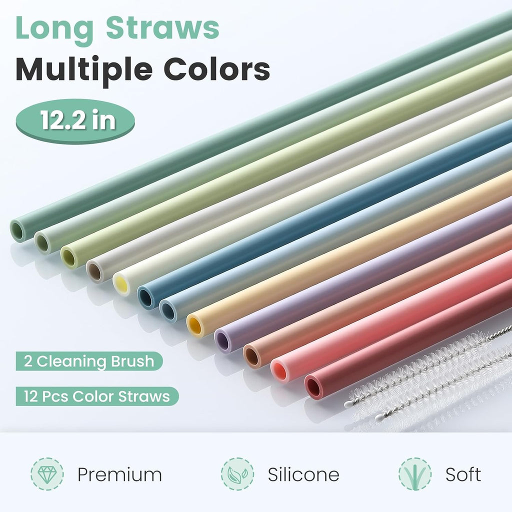 12-Pack Silicone Reusable Straws for Stanley 40 oz 30 oz Cup Tumbler, 12.2 inch Long Replacement Straws with 2