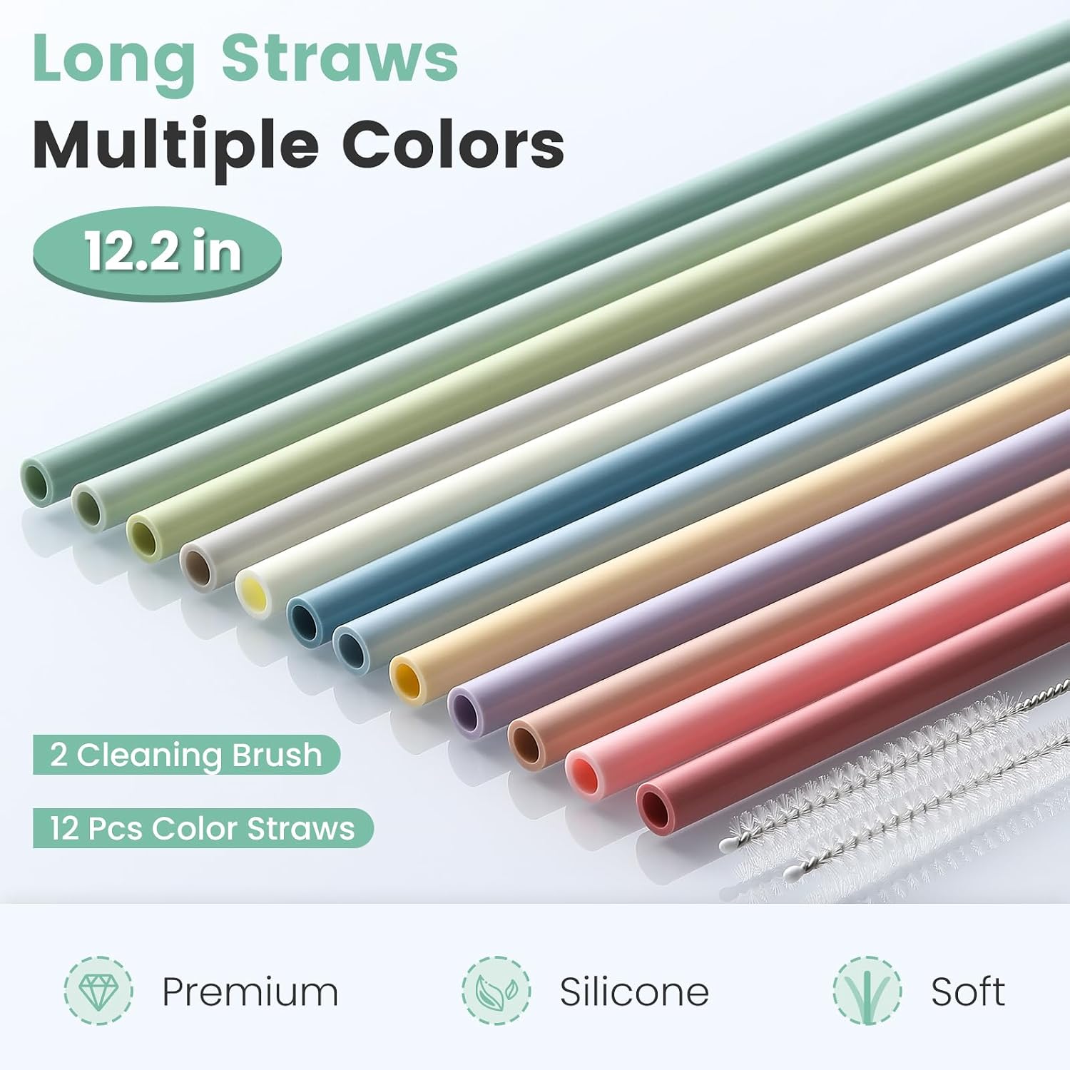 12-Pack Silicone Reusable Straws for Stanley 40 oz 30 oz Cup Tumbler, 12.2 inch Long Replacement Straws with 2
