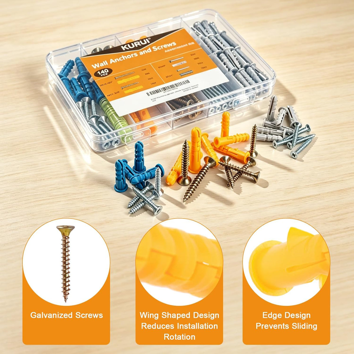 KURUI Drywall Anchors Assortment Kit, Plastic Expansion Wall Anchors