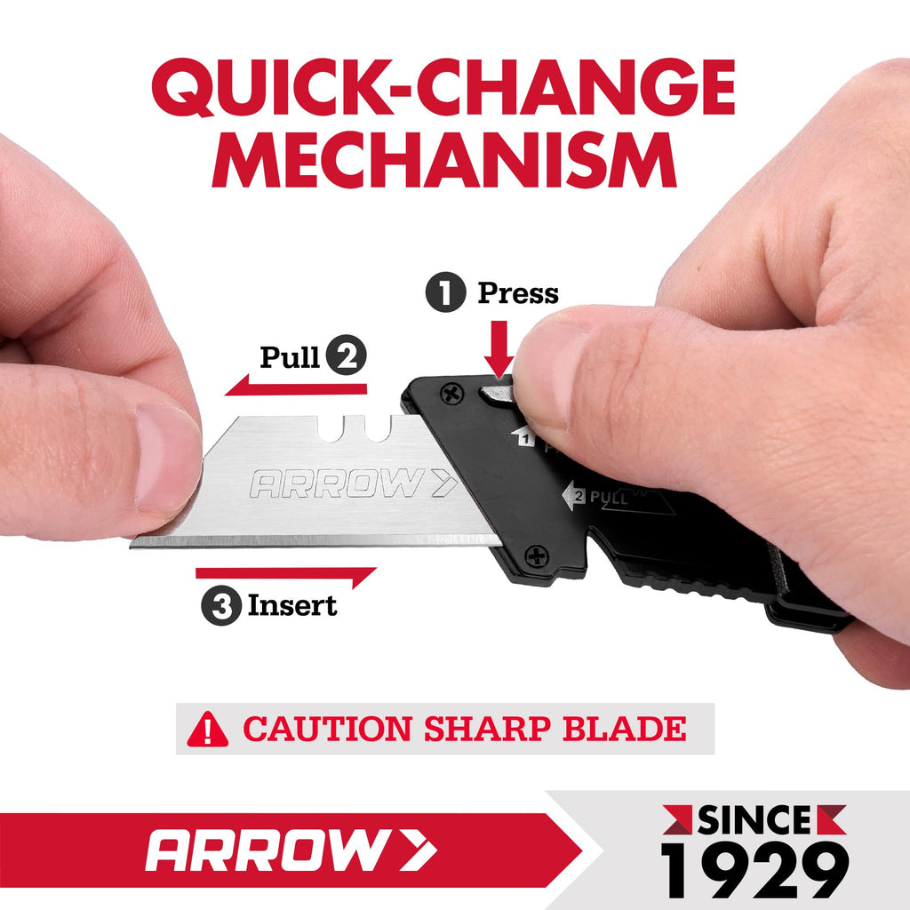 ARROW Folding Utility Knife, Quick Change Box Cutter with 10 Blades