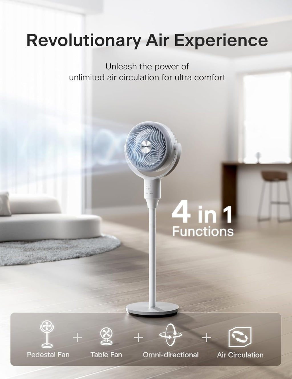 Omni-Directional Air Circulator Fan with Remote for Bedroom, White | Dual Height Standing Pedestal Fan with 3D Auto