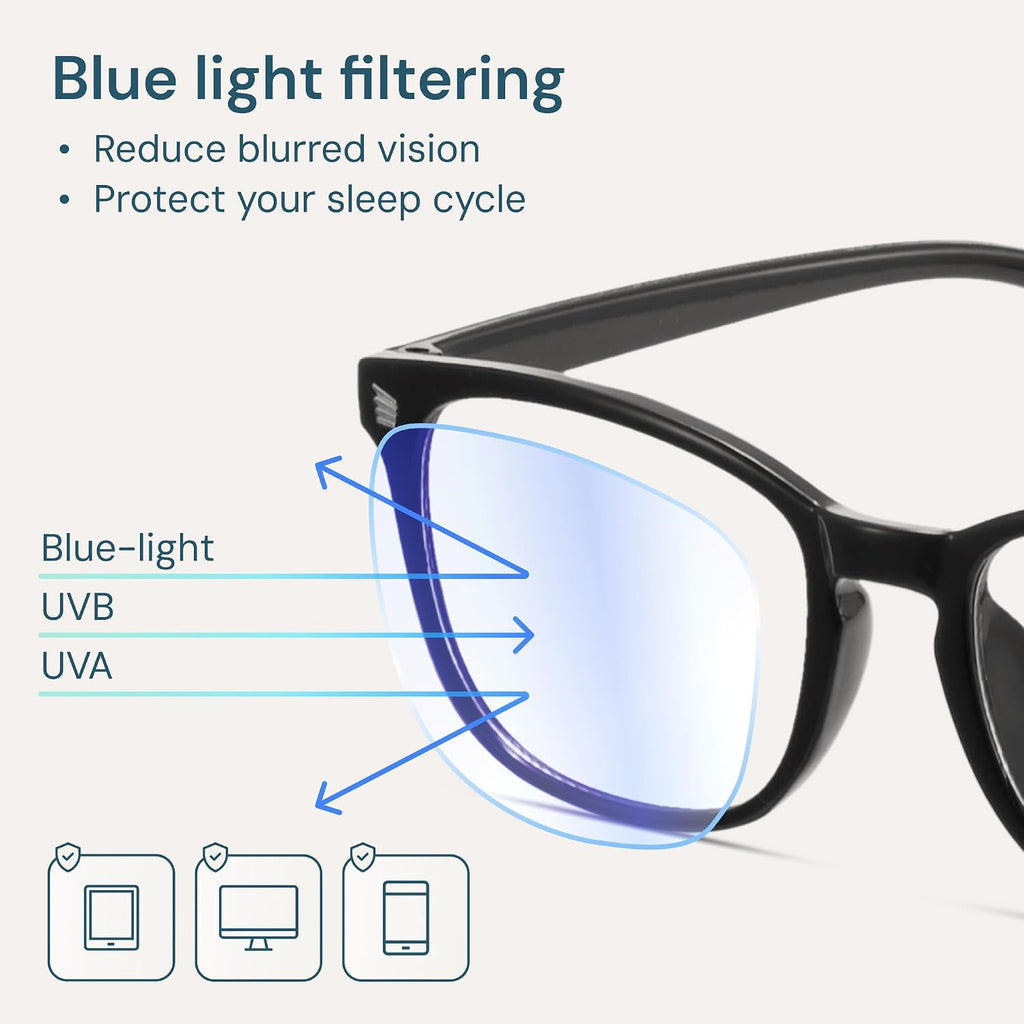 Blue Light Glasses for Computer & Gaming - Black | Blue Light Blocking, Anti UV Ray Lenses, Scratch-Resistant