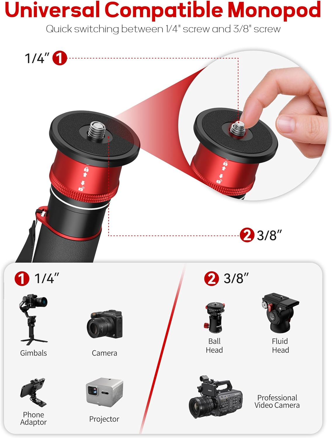 Cobra 3 C180F-P Carbon Fiber Camera Monopod 71" | Travel Monopod with Feet, 1/4" & 3/8" Quick Release Compatible with