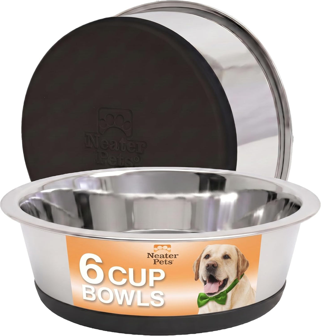 Stainless Steel Dog Bowls with Non-Slip Rubber Bottom – Set of 2, 6 Cup (48 oz), Black - Heavy Duty Metal Dog Bowl