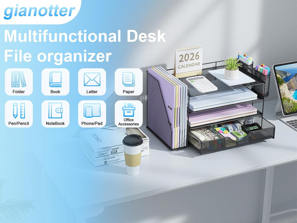 Desk Organizers and Accessories with File Holder, 4-Tier Desk Accessories & Workspace Organizers with Drawer and 2