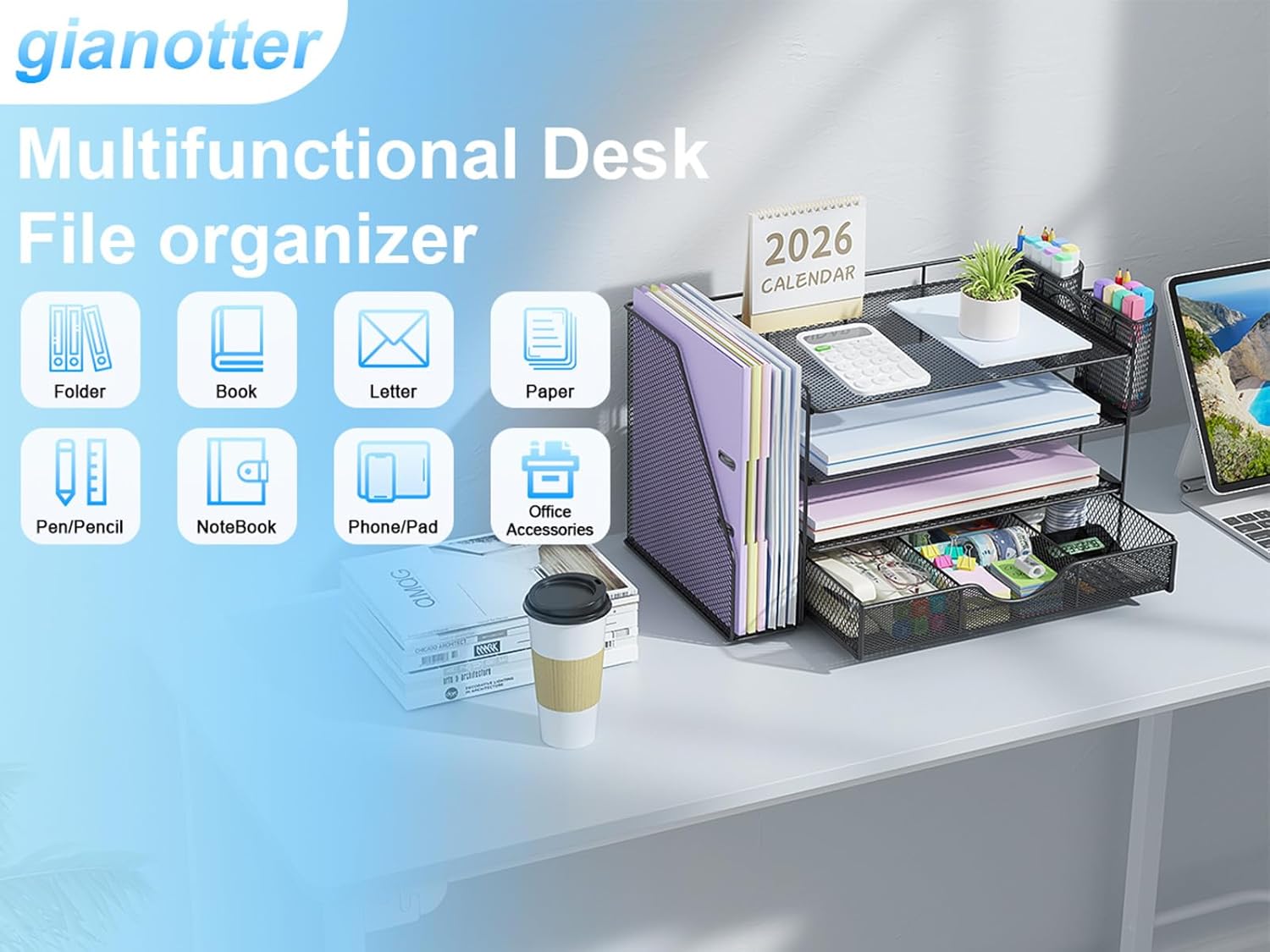 Desk Organizers and Accessories with File Holder, 4-Tier Desk Accessories & Workspace Organizers with Drawer and 2