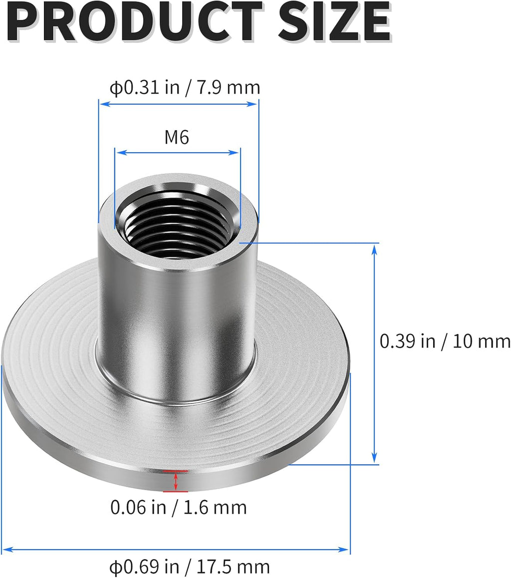 30pcs M6 Round Base T-Nuts, 10mm Height, 17.5mm Flange