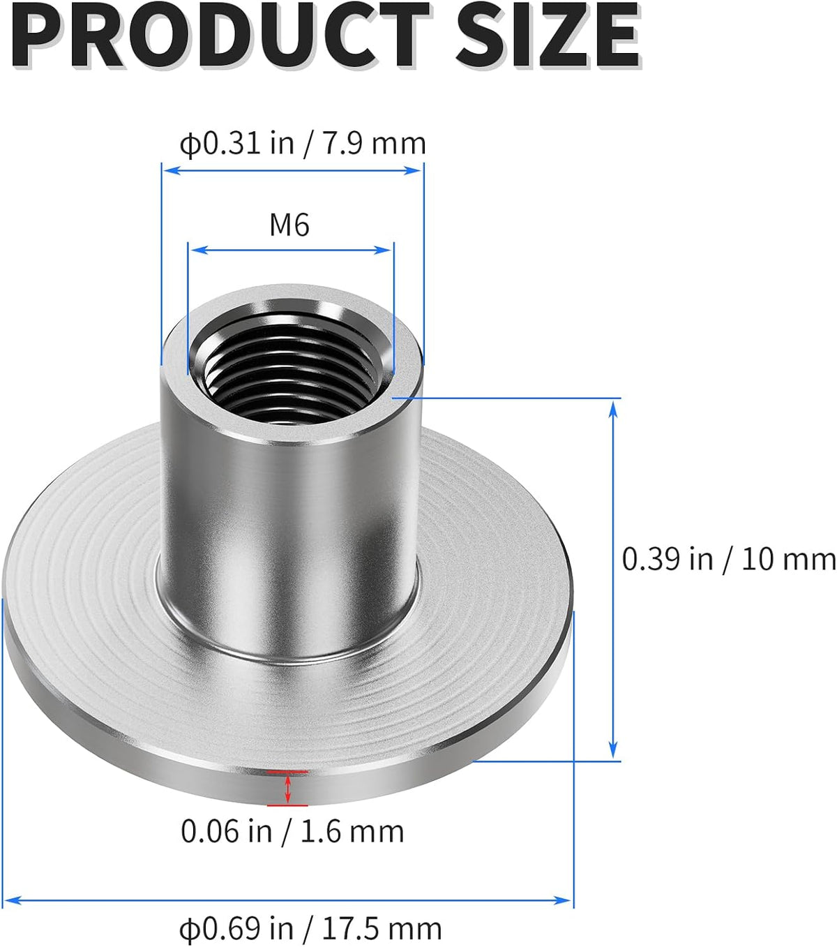 30pcs M6 Round Base T-Nuts, 10mm Height, 17.5mm Flange