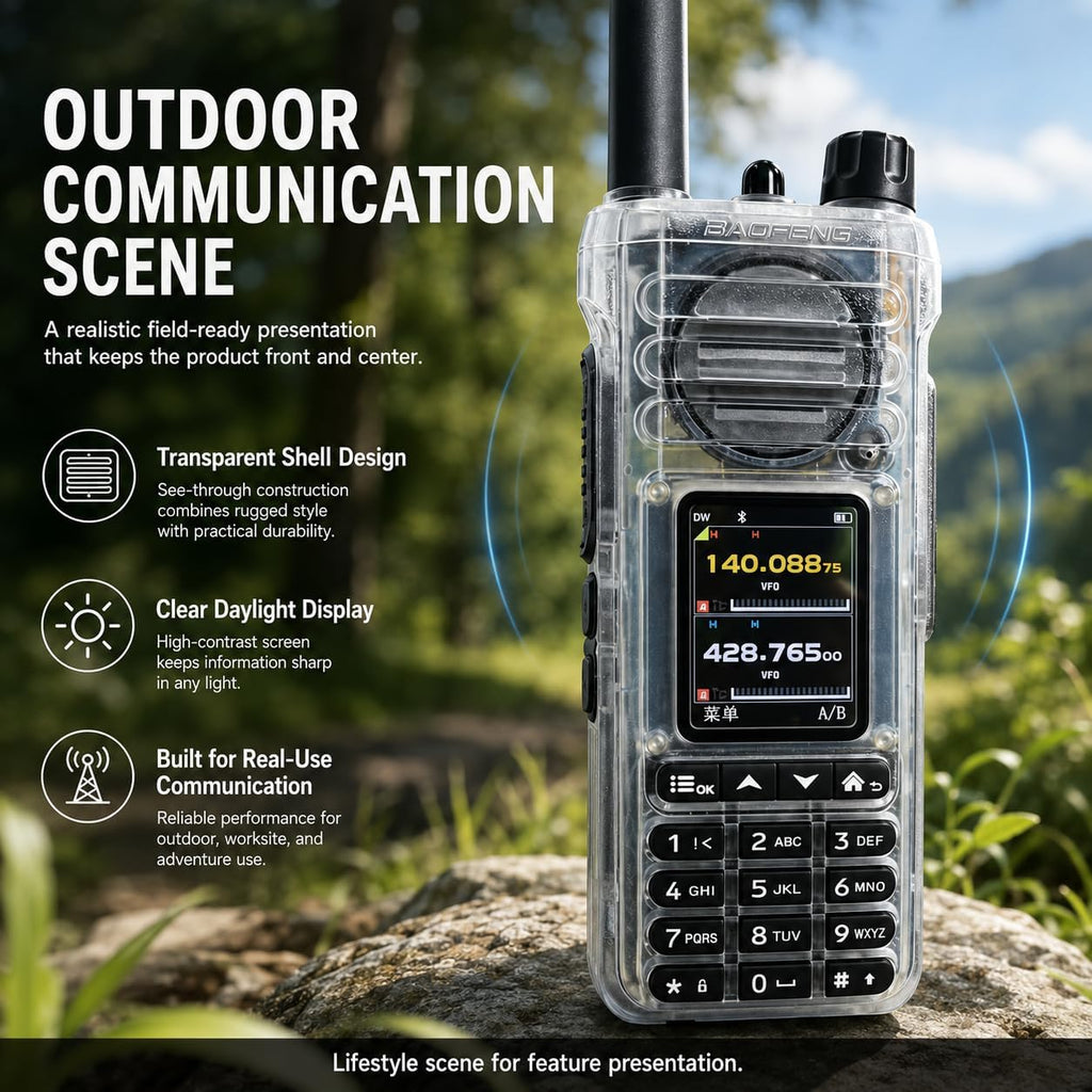 SW-9 Transparent Dual Band Handheld Ham Radio, VHF UHF | NOAA Weather, Bluetooth App Programming, Two Way Radio, Air