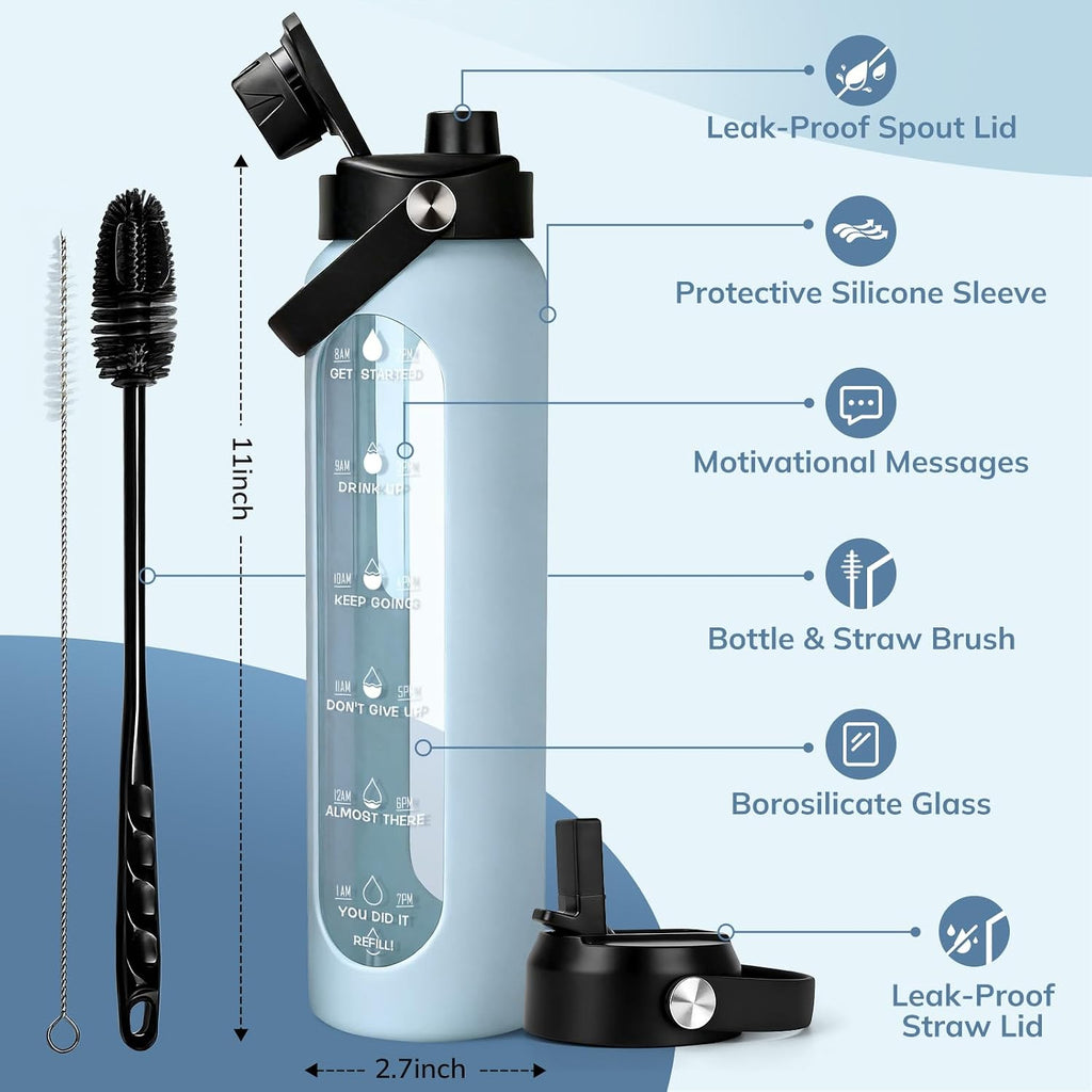 32 oz Glass Water Bottle with 2 Lids – Spout & Straw Lids, 1L Motivational Borosilicate Glass Water Bottle with Time
