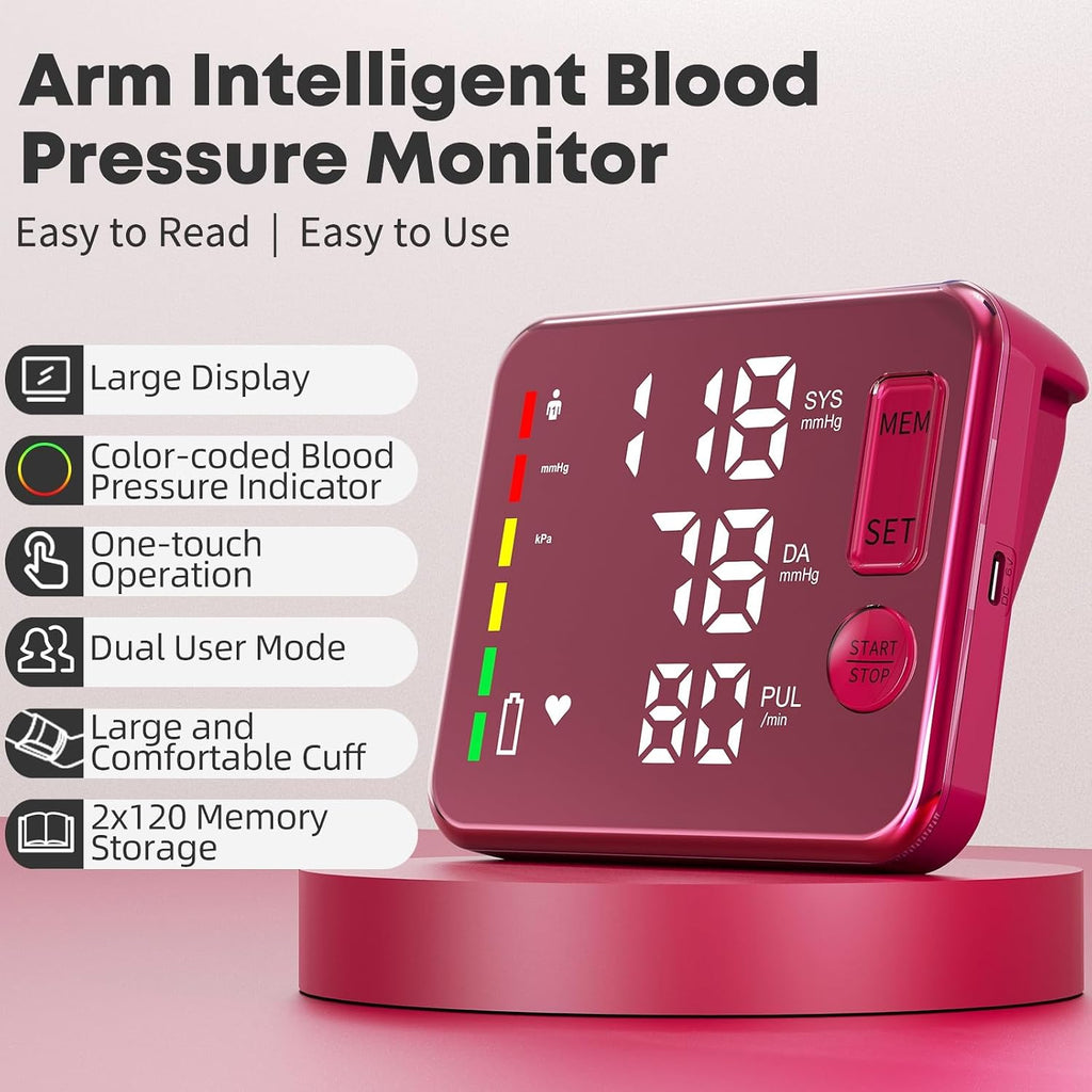 Blood Pressure Monitor Rechargeable Upper Arm, Large Screen, Red