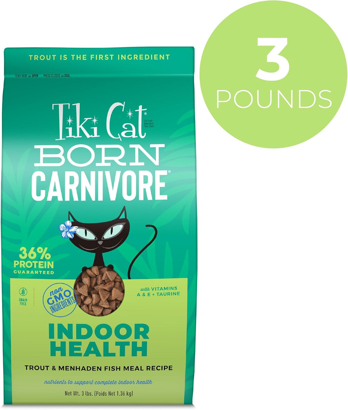 Tiki Cat Born Carnivore Dry Cat Food, Trout & Menhaden Fish, 3 lb Bag