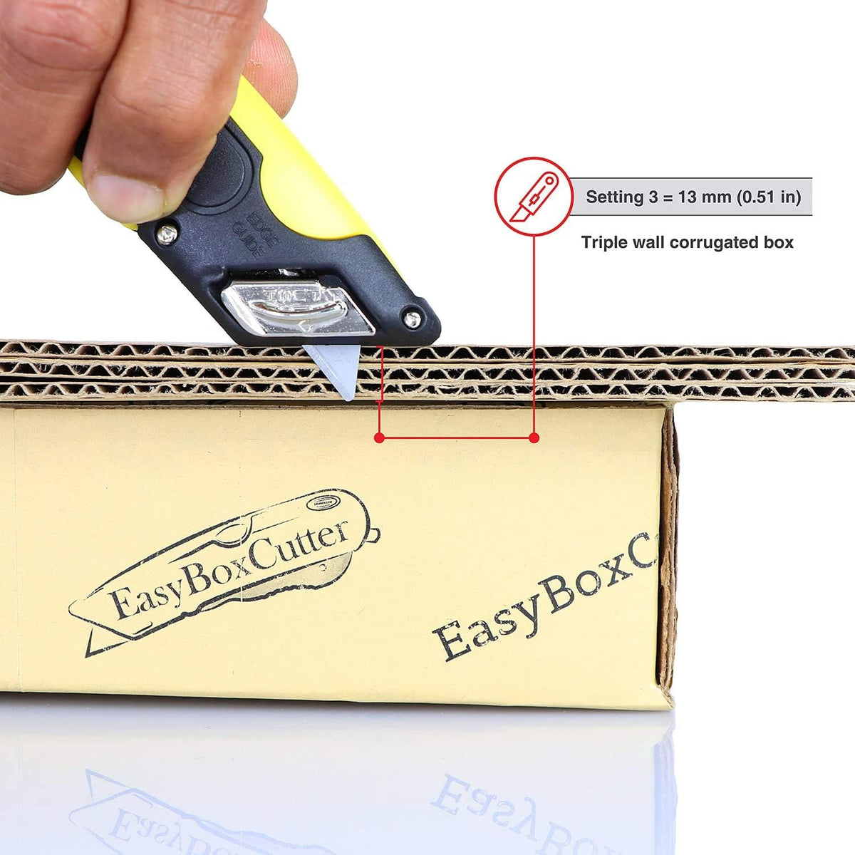 Modern Box Cutter, extra tape cutter at back, dual side edge guide, 3 blade depth setting, 2 blades and holster
