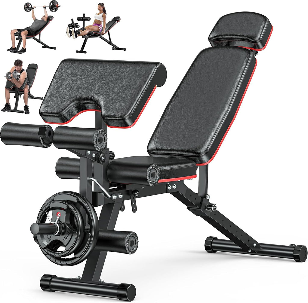 Workout Bench, Adjustable Weight Bench with Leg Extension and Leg Curl, Extended Headrest, 900LBS Preacher Curl Bench