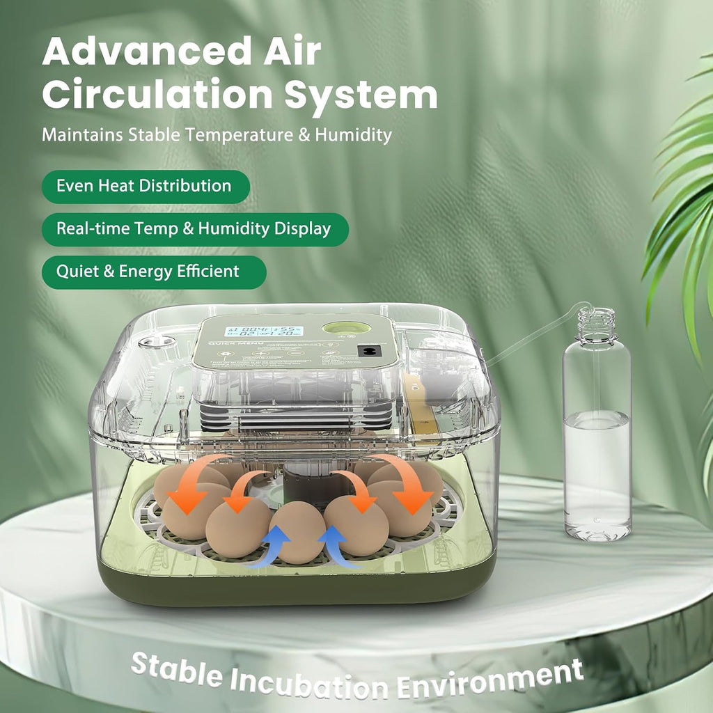12 Egg Incubator with Humidity Display & Built-in Candler, Automatic Turner, Temp & Humidity Control, Auto Water