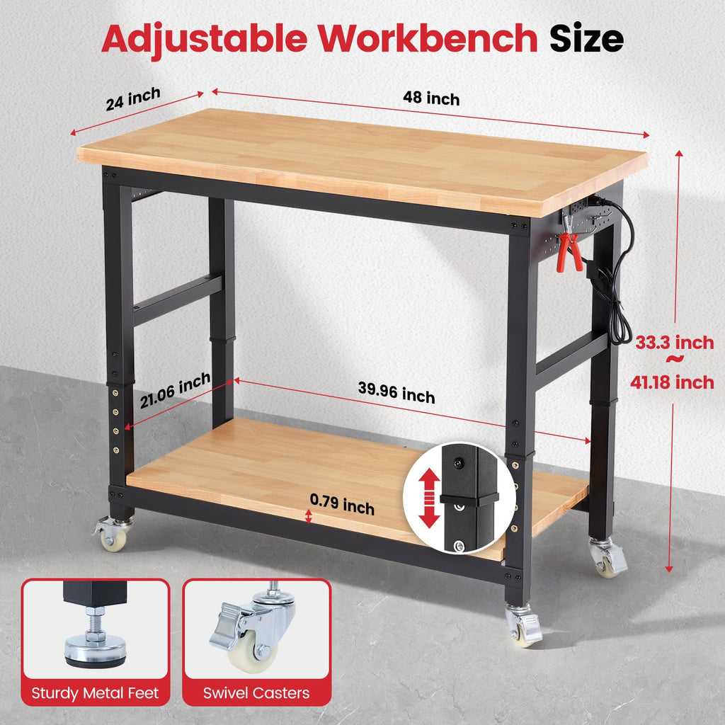 48" Adjustable Height Workbench with Wheels Heavy Duty Work Table with Under Table Shelf, Dual Pegboards & Power