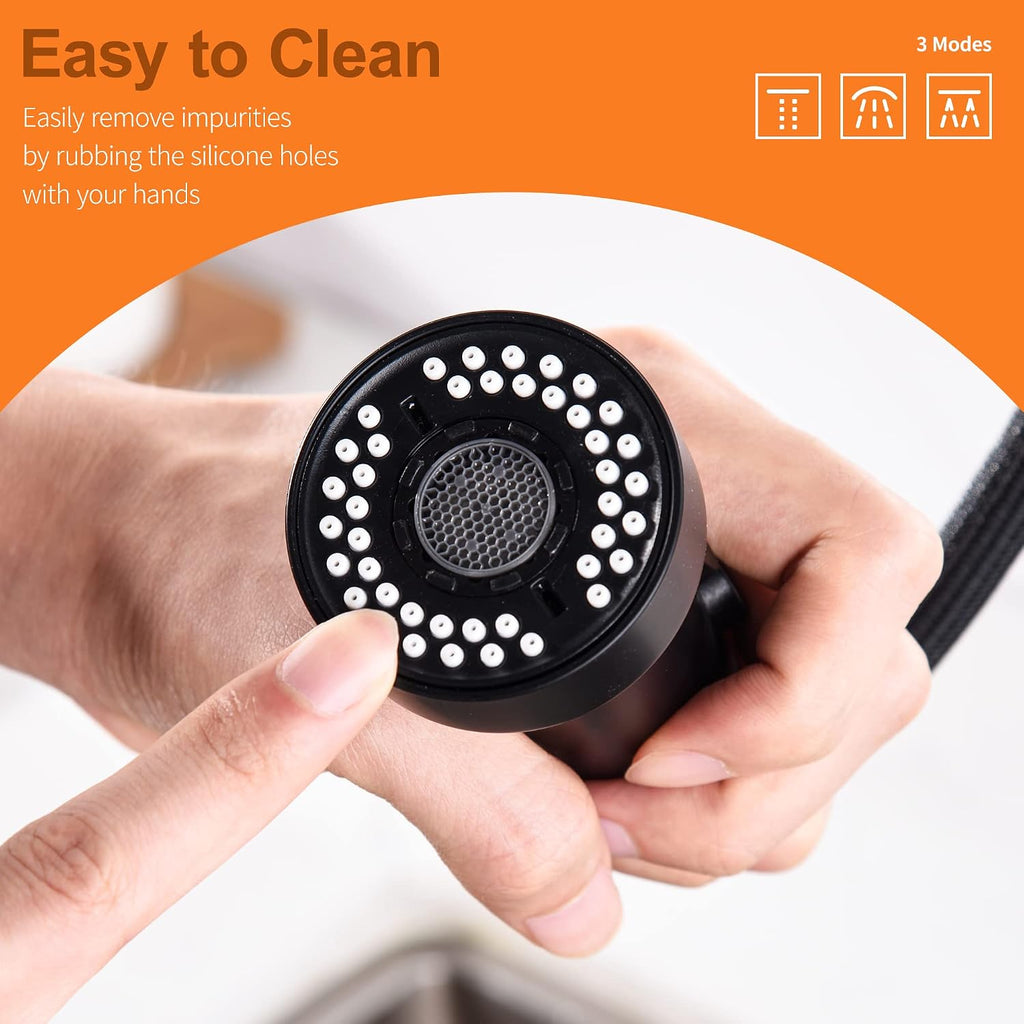 Kitchen Faucet Head Replacement Black, with 15 Adapters Plastic Pull Down Faucet Spray Head, 3 Modes Pull Out Kitchen