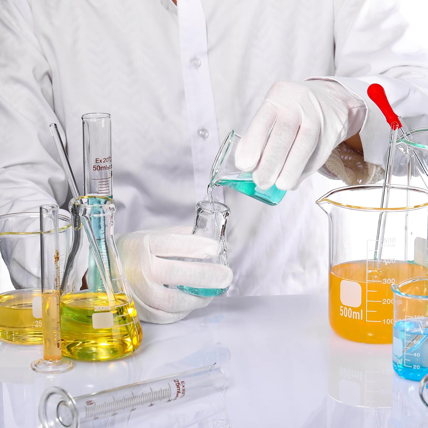 20 Pcs 50/100/250/500/1000ml Lab Glassware Beaker Set Include Graduated Cylinder, Glass Beaker Set, Glass Dropper