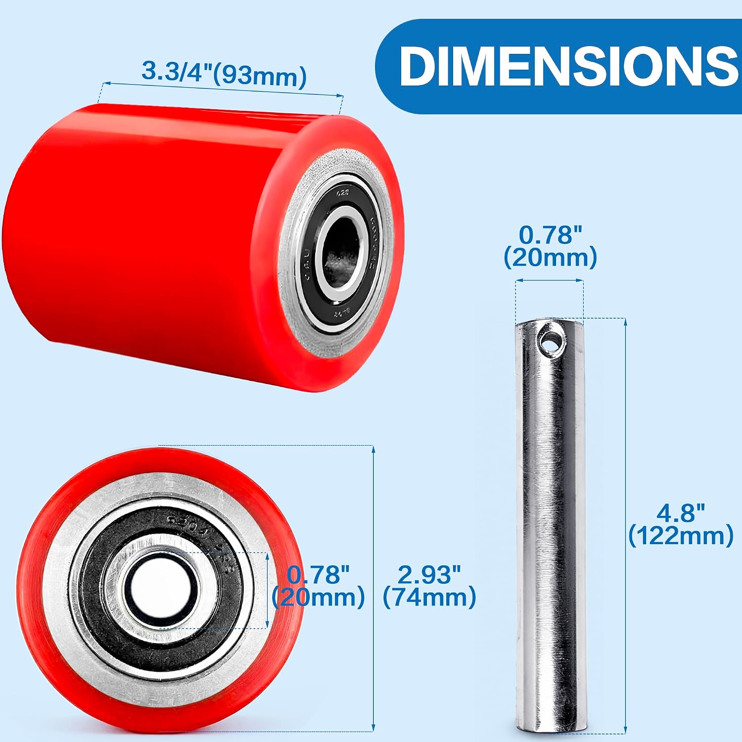 A Pair Pallet Jack Load Wheels Replacement Kit 3"x3.75"(74.5mm x 93mm) Red | Including Heavy Duty PU Tread