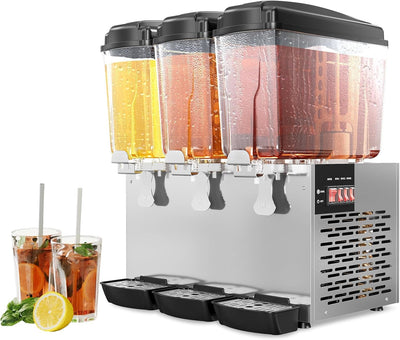 Commercial Beverage Dispenser, 3 Tanks 18L Each with Compressor Cooling (45-54°F), Large Capacity Cold Drink