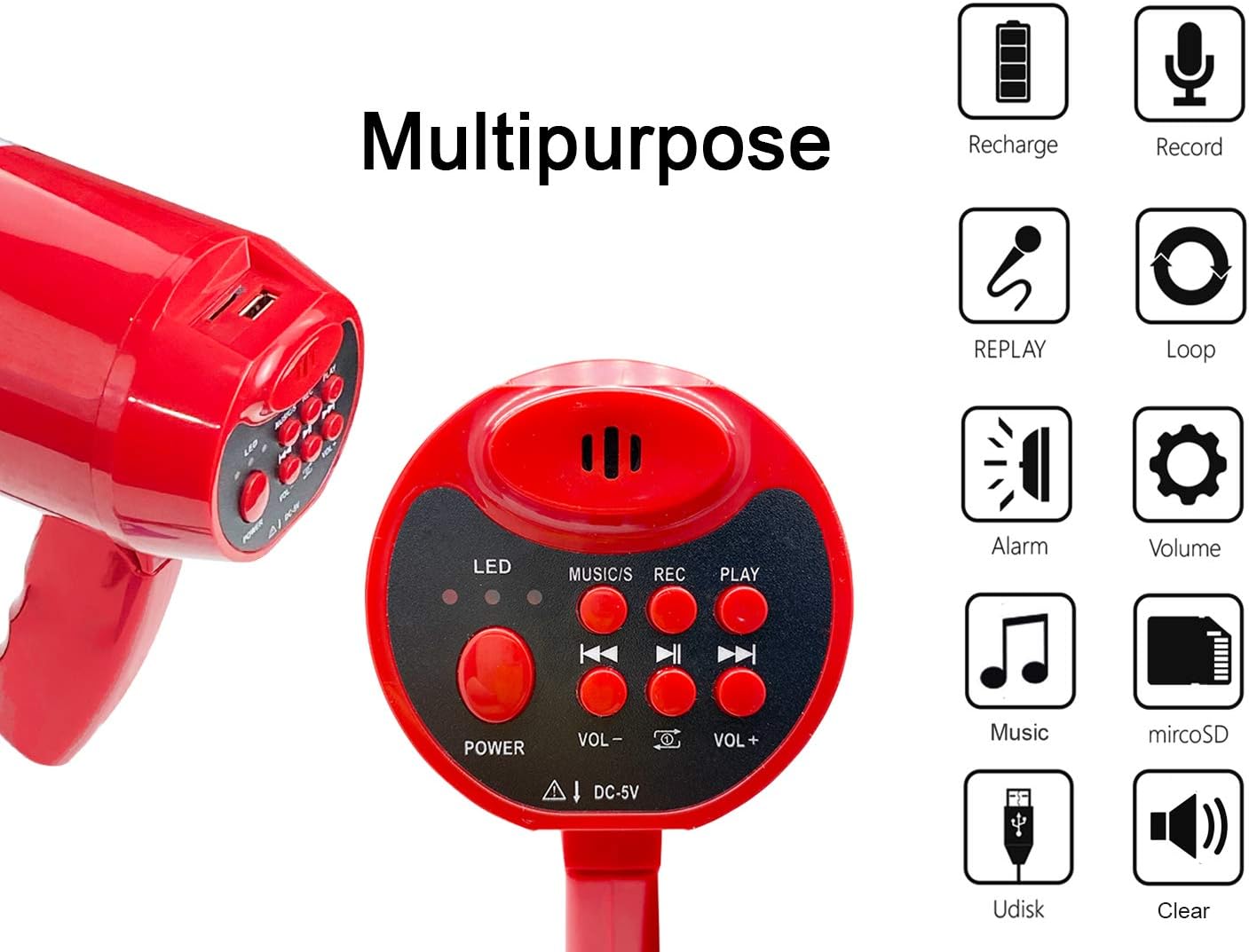 Bullhorn Rechargeable Megaphone Speaker with 240's Recording,Siren,U-Disk Player, 800 Yard Range, Rechargeable Battery