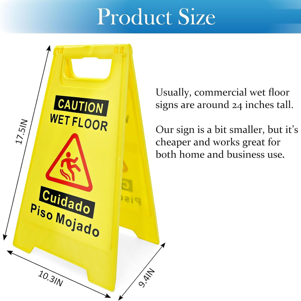 4-Pack Caution Wet Floor Sign, 17.5" Height, Bright Yellow, Double-Sided A-Shaped Frame Design, Bilingual Caution
