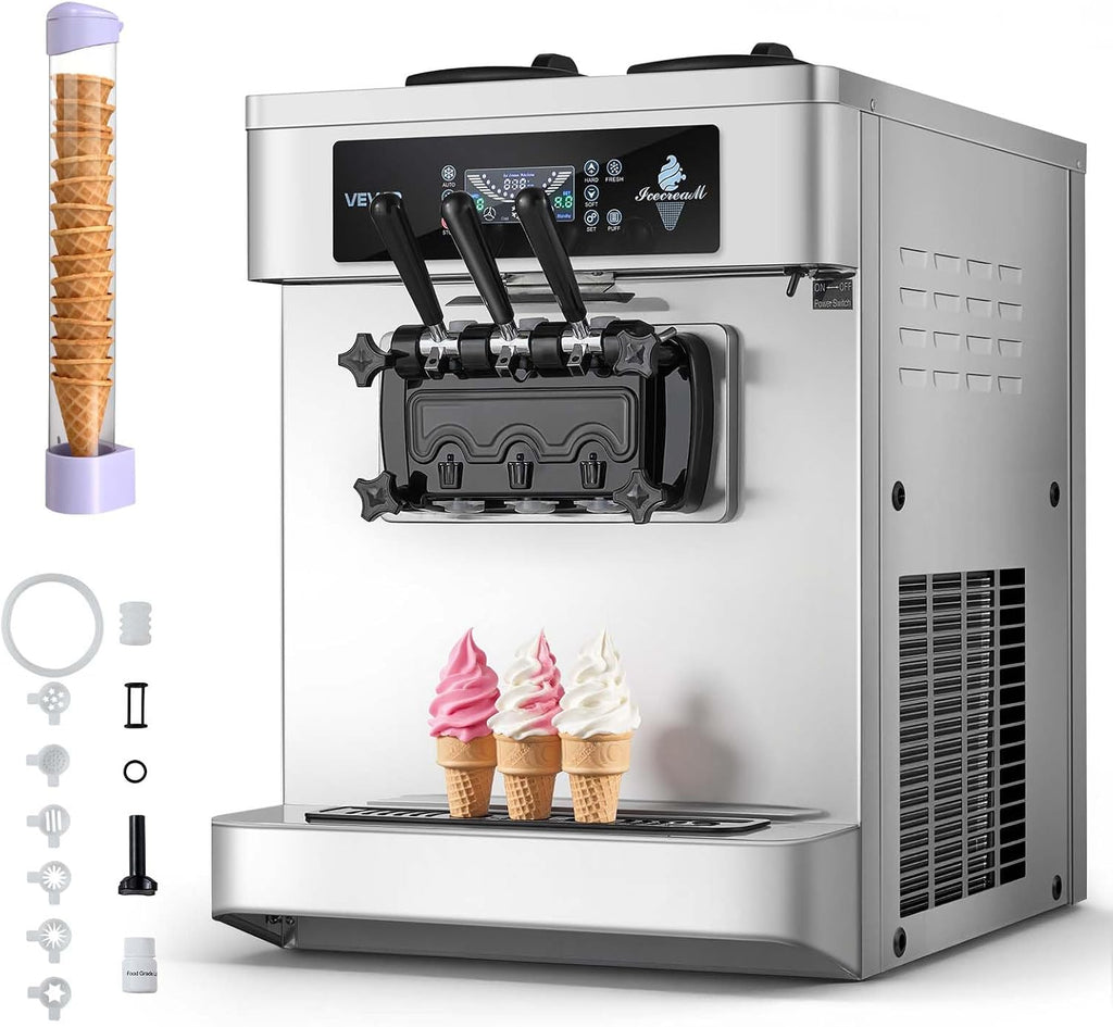 Commercial Ice Cream Machine, 20-28L/H Yield, 2200W 3-Flavor Countertop Soft Serve Ice Cream Maker with 2 x 6L