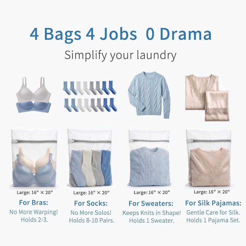 4Pcs Durable Fine Mesh Laundry Bags for Delicates 16 x 20 Inches | (4 Large)