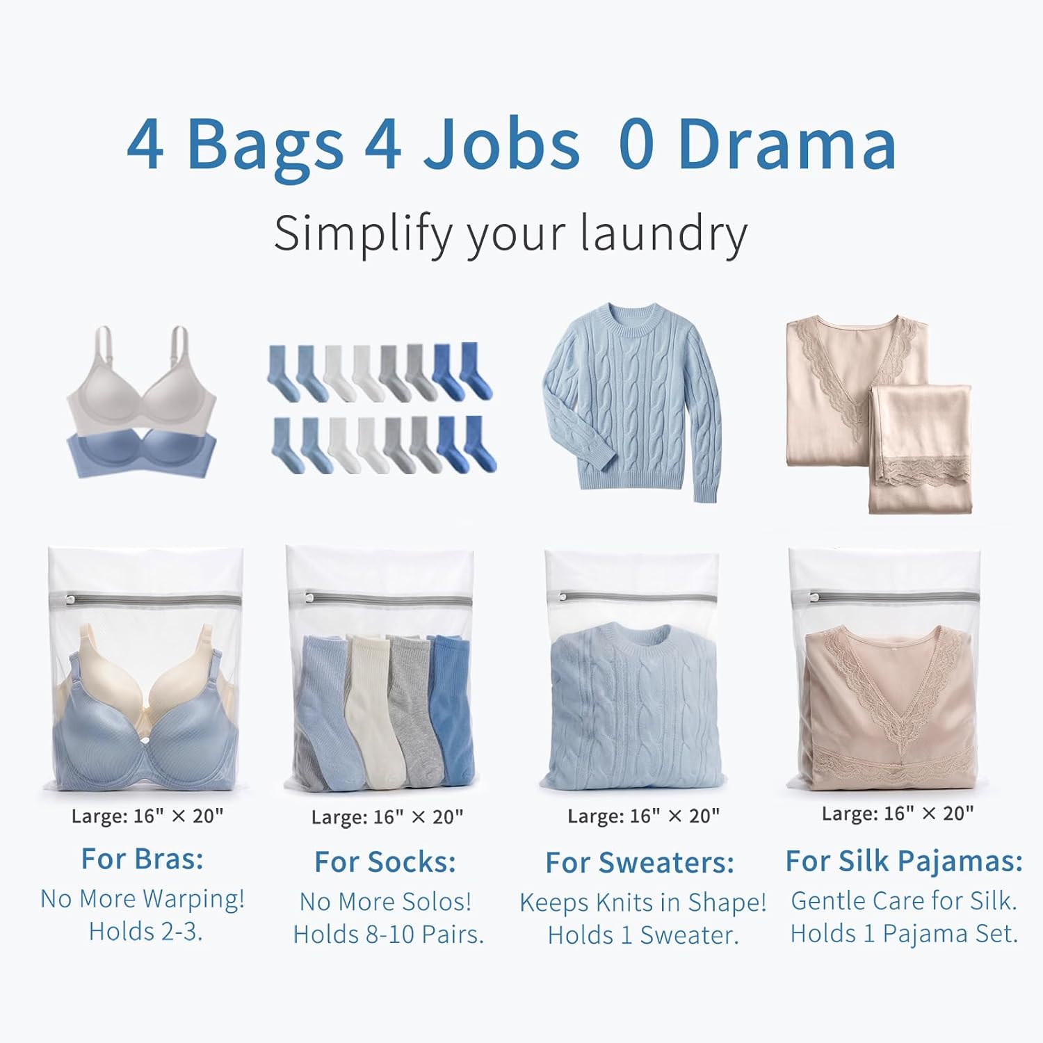 4Pcs Durable Fine Mesh Laundry Bags for Delicates 16 x 20 Inches | (4 Large)