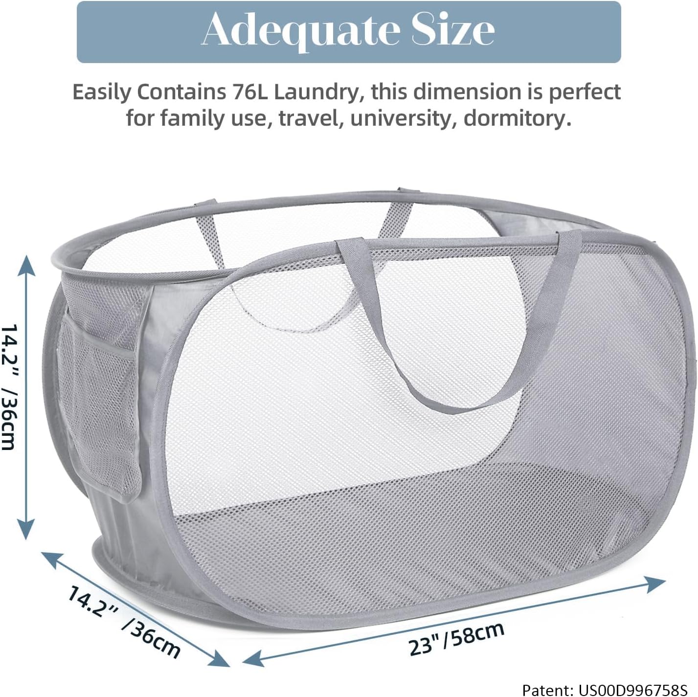 Durable Collapsible Laundry Baskets, Mesh Pop Up Laundry Hamper with Side Pocket, Foldable Clothes Storage Hamper