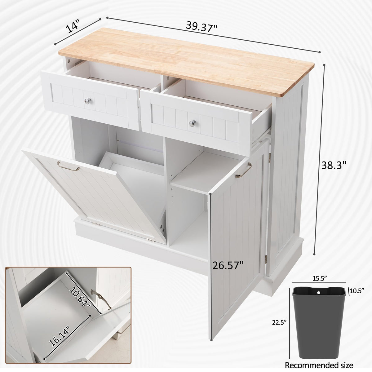 13 Gallons Tilt Out Trash Can Cabinet Hidden Kitchen Trash Can, White